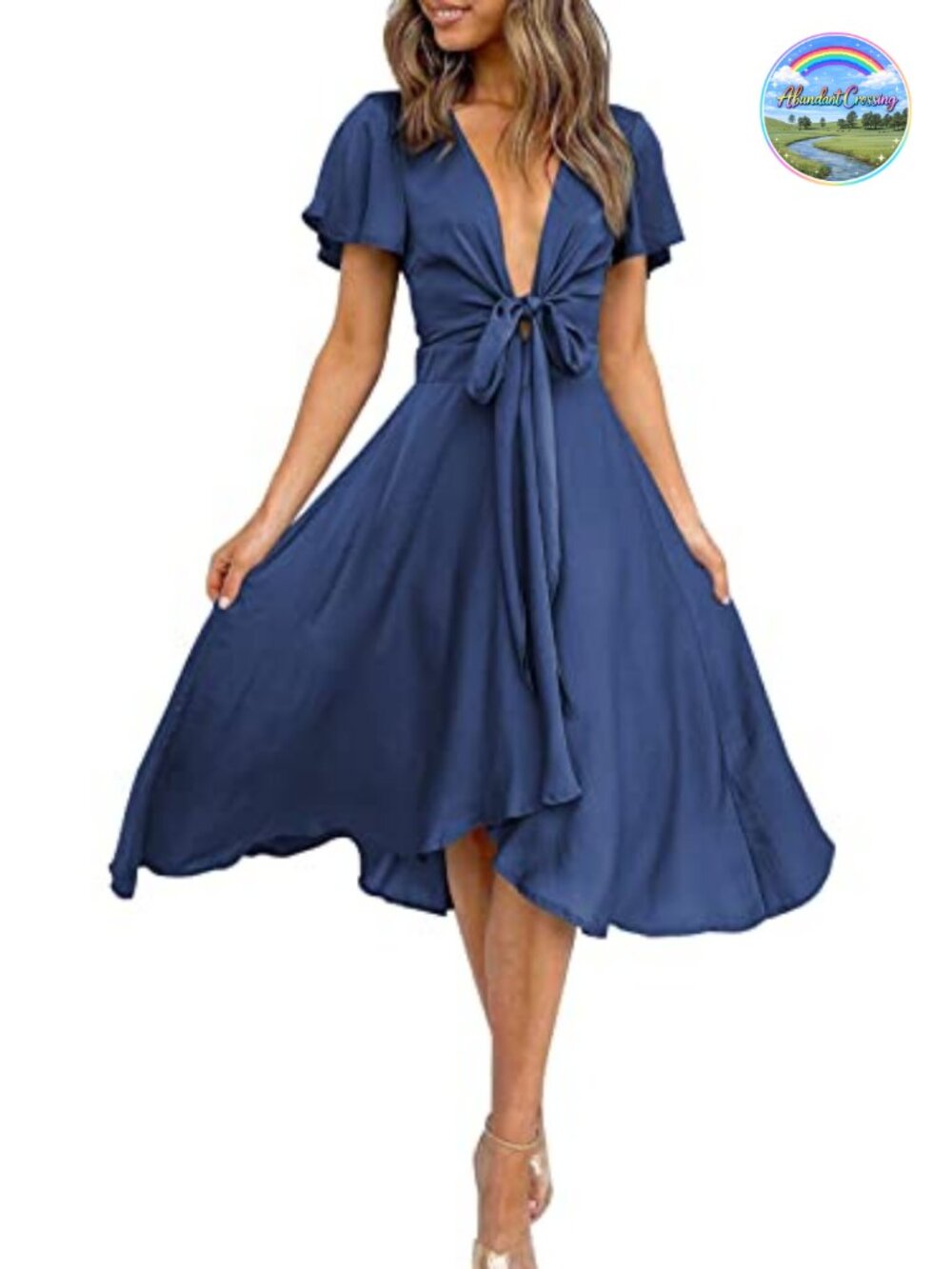 Satin V Neck Ruffle Short Sleeve Tie Front High Waist Midi A-Line Dress